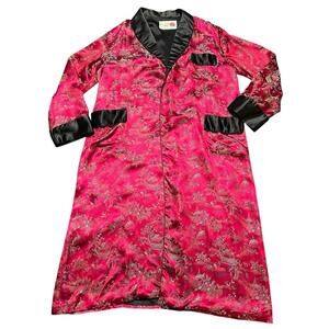 Vintage 70s Chinese Red Brocade Silk Robe Coat Pagoda Satin Lounge XL XXL